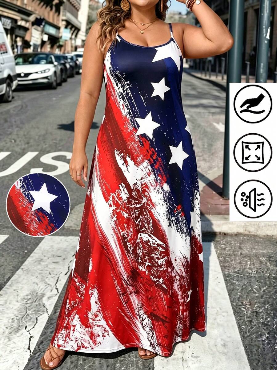 EMERY ROSE Plus Size Women's Suspender Casual S Arrives In CA In As Little As3 Business DaysFlag Pattern Print Dress,Ndependence Day 4th Of July Outfit Women - Multicolor - View 1