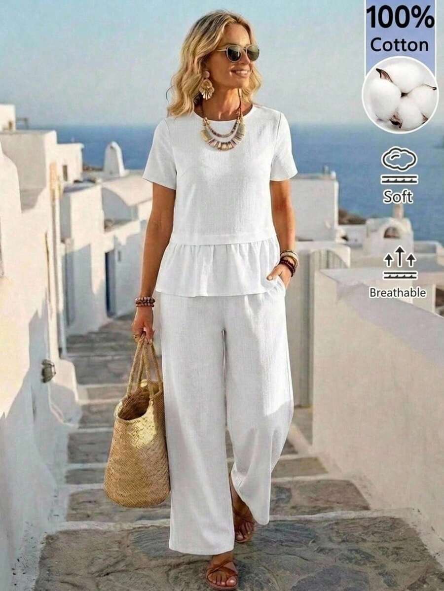 EMERY ROSE Women's Solid Color Cotton Linen 100 Round Neck Casual Simple Ruffled Top And Trousers Two-Piece Set Vacation All White Women's Two-Piece Casual Wear - White - View 1