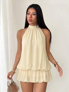 SHEIN PETITE Đầm mùa hè nữ cổ đứng không tay gấu bèo nhún dáng rộng, đầm đen sang trọng thanh lịch, đầm dự tiệc - Màu be - Xem 5