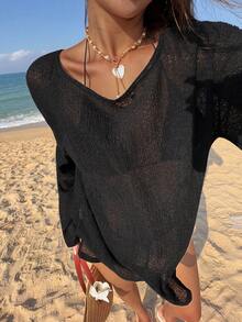 DAZY Women's Solid Color Asymmetrical Shoulder Long Sleeve Cover-Up Top For Vacation - Black - View 2