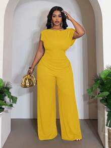 Veslaya 2026春夏女款大尺碼新品復活節學院風休閒街頭風基礎百搭度假海灘街頭通勤早午餐假日出遊優雅收腰不對稱下擺修身寬腿褲兩件套 - 鵝黃色 - 查看 2