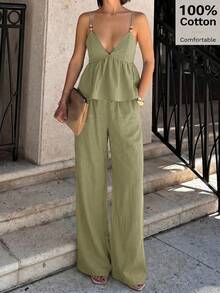 Siren Gaze Women's Solid Color Ruffle Hem Camisole Top And Pants 2 Pieces Set - Olive Green - View 3