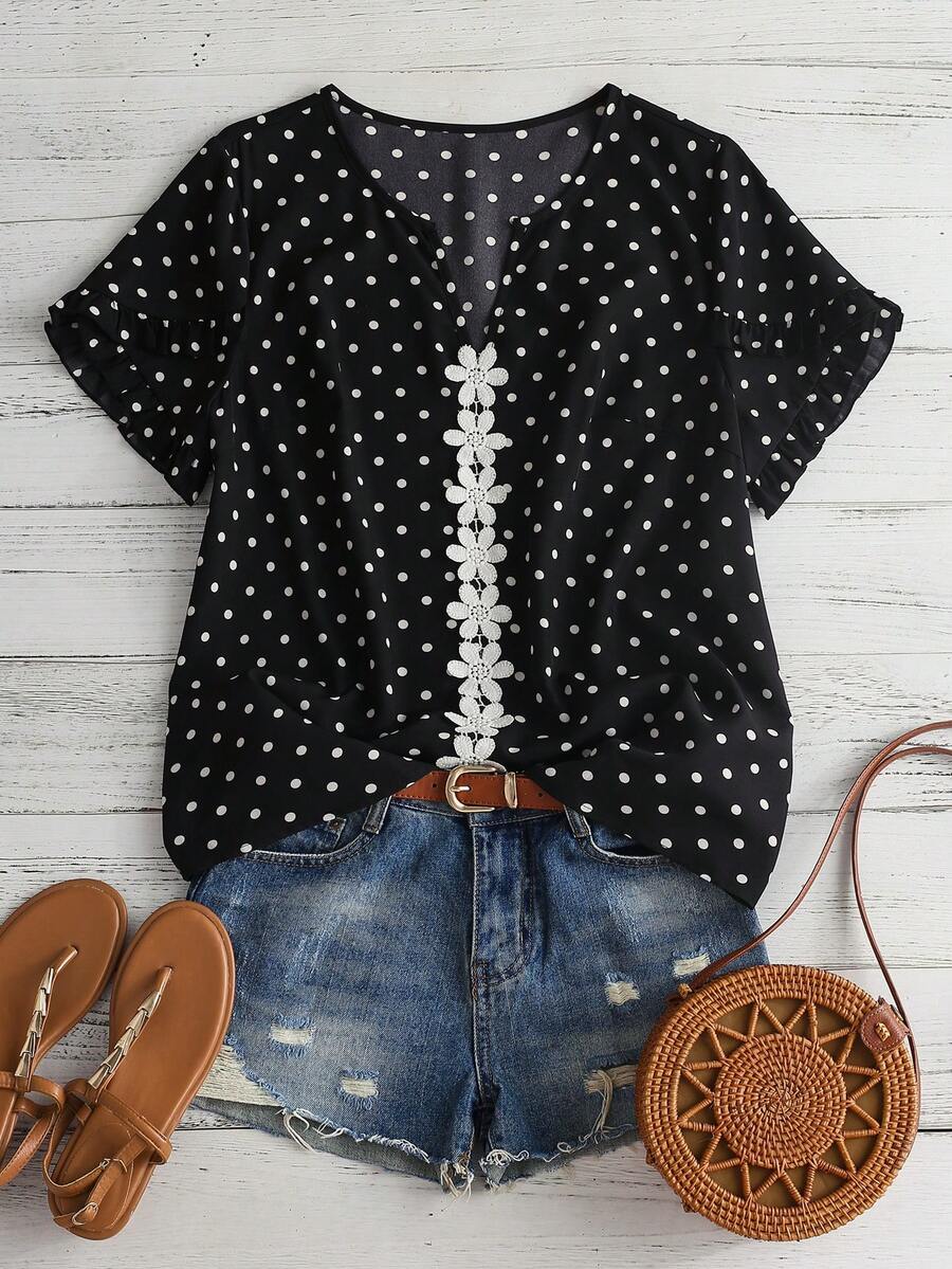 SHEIN Lacomfia Plus Size Women's Black And White Casual 1920s Boho Cute Kawaii Versatile Daily Outing Formal Vacation Shirt Summer - Black - View 1