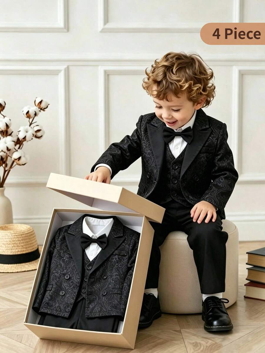 4 Stücke elegantes Gentleman-Anzugset für Babys: Beinhaltet gestricktes weißes Langarmhemd mit Fliege, V-Ausschnitt einreihige Weste, schwarzer Jacquard-Revers-Doppelreiher Langarmblazer und elastische Hose, geeignet für Geburtstagsfeier, Abendessen, Hochzeit, Taufe, erste Geburtstagsfeier, Klavier-, Violinenaufführung - Schwarz - Übersicht 1