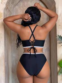 Maweii Plus Size Women's Black & White Color Block Steel Hoop Casual Swimwear Set For Summer Beach Vacation - Black and White - View 2