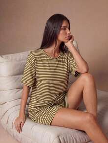 Lazeform Set Piyama Rumahan Lengan Pendek Motif Garis-Garis - Hijau - View 5
