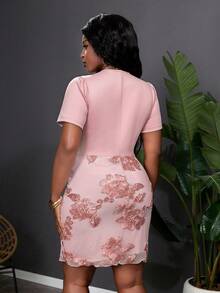SHEIN Clasi 大码女式提花短袖二合一修身优雅连衣裙 - 粉色 - 查看 8