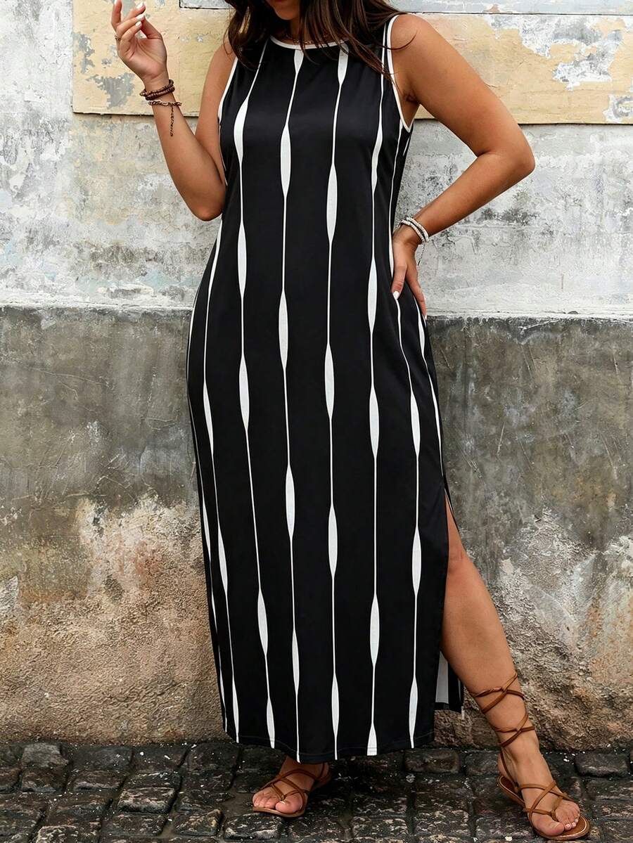EMERY ROSE Plus Leopard Print Split Thigh Dress For Summer Vacation Maxi Women Outfit - Black and White - View 1