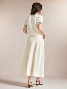 BizChic Short Sleeve Button Design Top And Skirt Set, Teachers' Day Style, French, Luxury Minimalist, Slimming, Elegant, Summer, Office, Black And Cream - White - View 3