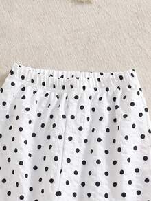 SHEIN Elladie kids 女童休閒紋理復古趣味優雅波點印花布料開襟細肩帶鈕扣寬腿長褲兩件套 - 黑與白 - View 7