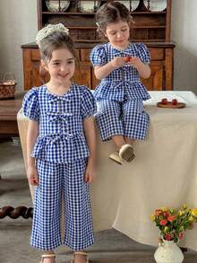 LMoss Kids Baby Girl Woven Blue Gingham Petal Sleeve Casual Shirt And Loose Casual Long Pants 2pcs Set Causal Blouse Cute Outing Holiday - Blue and White - View 5