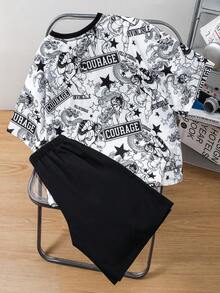 2piezas/Set Conjunto de Camiseta de Manga Corta con Cuello Redondo y Pantalones Cortos Estilo Casual Coreano Holgado con Gráfico de Anime y Letras para Niños Preadolescentes, Adecuado para Ir al Trabajo, Escuela, Uso Casual Diario, Salidas, Deportes, Primavera y Verano - Blanco y Negro - Ver 4