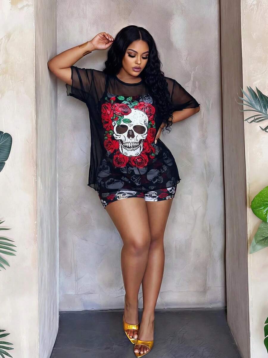 Maweii Bộ đồ bơi tankini họa tiết đầu lâu và hoa hồng Punk cỡ lớn 3 món kèm áo choàng, mùa hè, Halloween - Nhiều màu - Xem 1