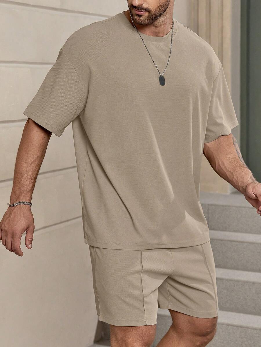 Solurane Camiseta suelta de color sólido y pantalones cortos con cordón para hombre, conjunto cómodo - Caqui - Ver 1
