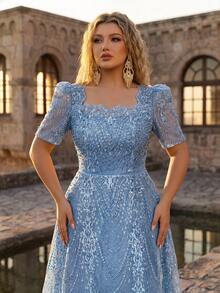 Glamrae Plus Size Elegant Romantic Champagne Square Neck Short Sleeve Sheer Rhinestone & Pearl Embellished A-Line Evening Gown For Wedding Party Celebration Formal Occasion Event (Heavy Work Design) - Dusty Blue - View 1