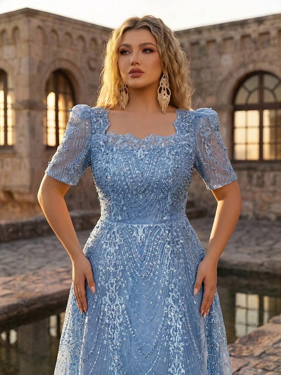 Glamrae Plus Size Elegant Romantic Champagne Square Neck Short Sleeve Sheer Rhinestone & Pearl Embellished A-Line Evening Gown For Wedding Party Celebration Formal Occasion Event (Heavy Work Design) - Dusty Blue - View 1