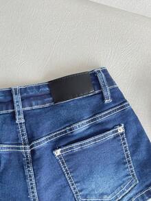SHEIN Ultra Low Waist Contrast Stitch Denim Mini Shorts - Medium Wash - View 5