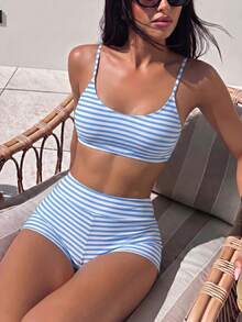 Bonvoyette Striped Print Spaghetti Strap Two-Piece Bikini Set - Multicolor - View 1