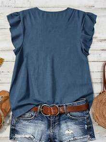 EMERY ROSE Plus Size Summer Casual Solid Color Short Flutter Sleeve Blouse - Blue - View 2