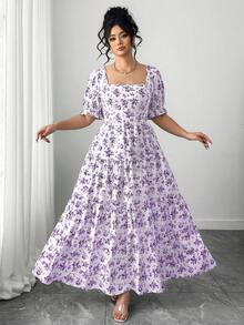 SHEIN Clasi 大尺碼女款花卉方領短袖荷葉邊優雅洋裝 - 彩色 - 查看 4