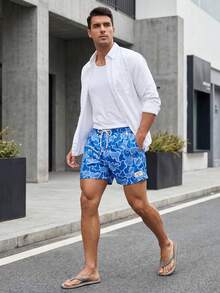 Manfinity VDAYZ Men's Casual Camouflage Print 2 Pockets With Lining Breathbale Beach Shorts, Holiday - Blue - View 3