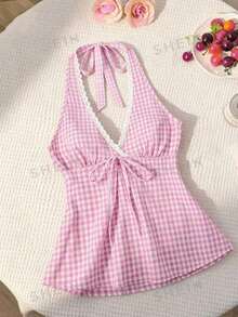 Sweetra Women's Sweet Halter Plaid Romantic Backless Camisole For Summer - Pink - View 3
