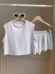 Comfortcana Conjunto de 2 piezas de camiseta de tirantes de cuello redondo casual gris y shorts de cintura elástica para mujer, de verano - Gris Claro - Ver 3