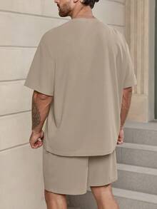 Solurane Áo thun trơn rộng rãi và quần short cạp rút cho nam, trang phục thoải mái - Màu Khaki - Xem 2