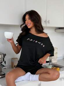 ZzzCrew FRIENDS X SHEIN Women's Short Sleeve Off-Shoulder Letter Print T-Shirt And Shorts Set - Black - View 3