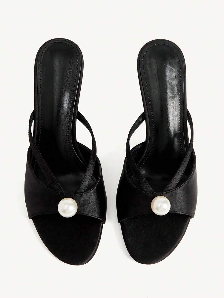 CUCCOO CHICEST Women's Shoes Fashion Black Round Toe 9CM Elegant Stiletto Cross Strap Slip-On Silk Texture Pearl, For Daily/Party/Dating/Prom/Commute