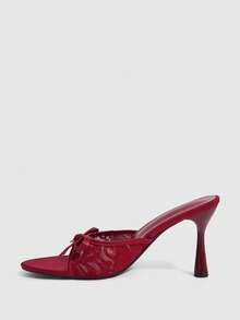 CUCCOO SZL Sweet Bow Lace Mesh Fashion Temperament Word With Fairy Thin Heels Sandals Women Wear Open-Toed Burgundy High-Heeled Slippers Summer - Burgundy - View 4