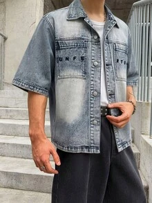 GALLERY FADE 男士复古水洗短袖牛仔衬衫，宽松翻领刺绣牛仔夹克，休闲街头风夏季上衣 - 藍色 - 查看 1