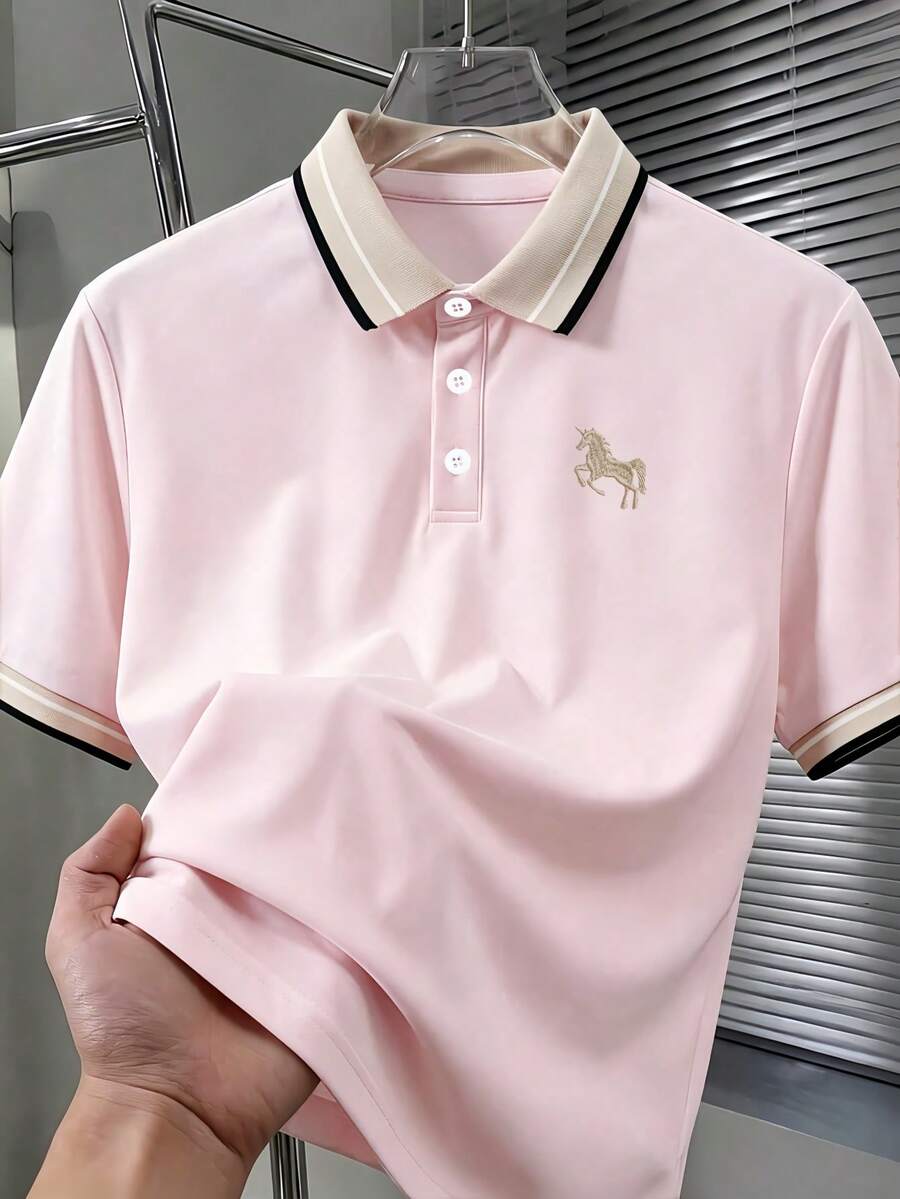 Calvornis Men's Ribbed Collar Embroidered Short Sleeve Casual Polo Shirt, Ceremony - Pink - View 1