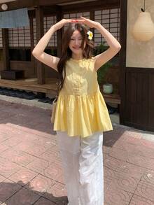 DAZY Women's Wood Ear Trim Round Neck Button Half Placket Casual Sleeveless Shirt - Yellow - View 5