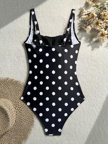 Swim Vcay Women's Polka Dot Halter One-Piece Swimsuit, Suitable For Beach Vacation, Pool Party, Beach Party - Black - View 2