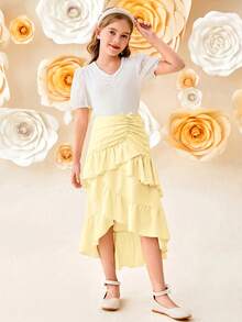 SHEIN Girlism Tween Girl Loose Casual Layered Ruffle Asymmetrical Hem Midi Skirt - Yellow - View 4