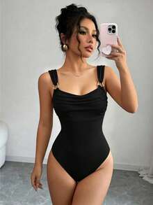 Selianne Women's Summer Beach Vacation Casual Daily Commute Minimalist Versatile Solid Color Metal Decor Ruched Bust Cami Bodysuit - Black - View 4