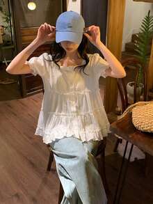 DAZY 女款白色方領蕾絲飾邊寬鬆泡泡袖上衣，優雅顯瘦休閒襯衫上衣，夏季款 - 白色 - 查看 6