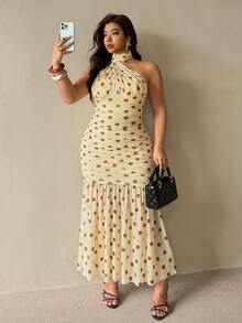 Auralis Plus Size Women's Beige Pleated Halter Neck Casual Sexy 90s 70's Party Cocktail Vacation Wedding Guest Dress Festival Outfits Elegant Dating Summer - Yellow - View 4