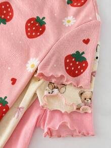 Dozemod Baby Girl Cute Cartoon Strawberry Pattern Bear Pattern Ribbon Bow Decor Ruffle Round Neck Short Sleeve Knit Nightgown 3pcs Set - Multicolor - View 3