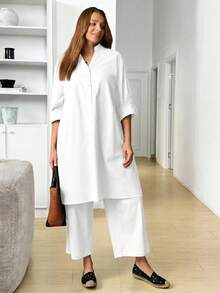 Rosumi Plus Size Women's Solid Color Rolled Sleeve Long Shirt And Pants Casual 2 Pieces Set - White - View 10