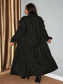Hourglow Plus Size Women's Casual Solid Color Long Sleeve Wool Overcoats In Fall/Winter - Black - View 2