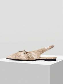 Mnmlis Ladies Commuter Fashion Metal Buckle Animal Pattern Snake Pattern Comfortable Soft Bottom Pointed Flat Bottom Shoes - Apricot - View 2