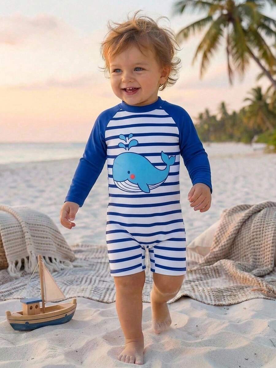 SHEIN Baby Boy Baby Girl Colorblock Patchwork Casual Cute Fun Style Vacation Dolphin Print Long Sleeve Sun Protection One-Piece Swimsuit Suitable For Spring Summer Autumn Winter Outings Travel Vacation Beach Pool Party Surfing Sun Protection - Blue and White - View 1