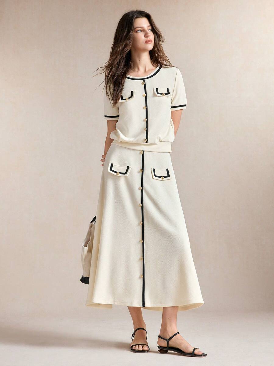 BizChic Short Sleeve Button Design Top And Skirt Set, Teachers' Day Style, French, Luxury Minimalist, Slimming, Elegant, Summer, Office, Black And Cream - White - View 1