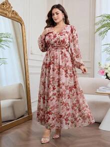 Modelyn 浪漫雪纺印花长袖A字型长连衣裙，大码，春夏款 - 彩色 - 查看 3