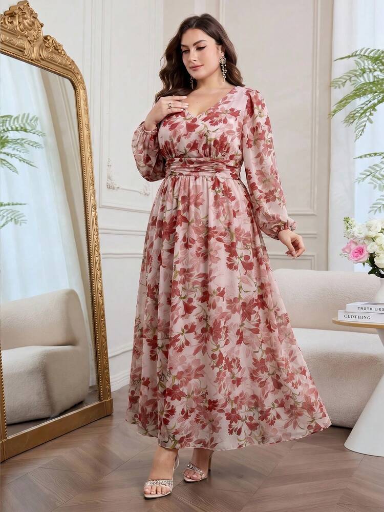 shein long sleeve maxi dress Women Black Floral Long Sleeve Maxi Dress