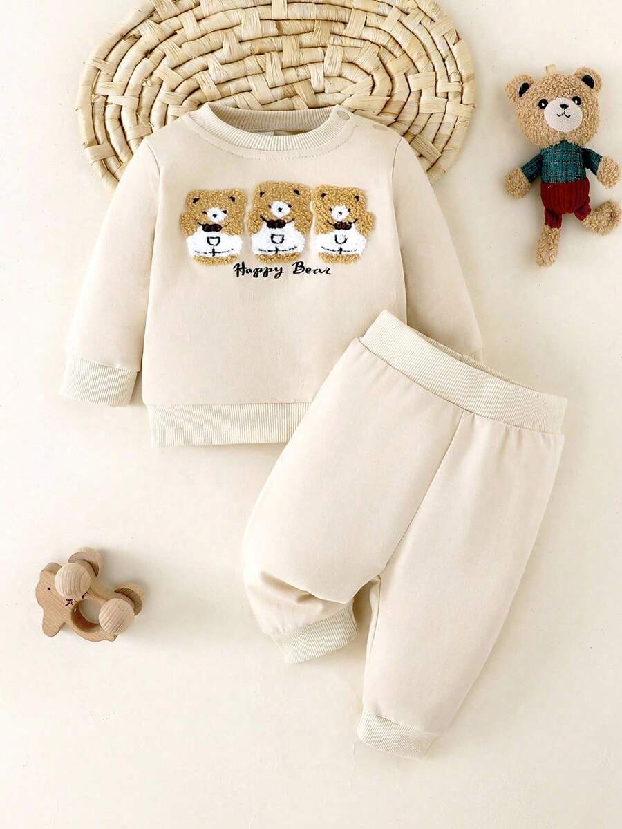 SHEIN Bộ đồ 2 món quần dài tay thường ngày thoải mái dễ thương cho bé sơ sinh phong cách Hàn Quốc họa tiết gấu thêu - Màu be - Xem 1