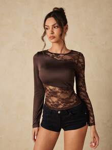 HautHeat Women's Sexy Lace Patchwork Long Sleeve Sheer Asymmetrical Neckline Top - Coffee Brown - View 6