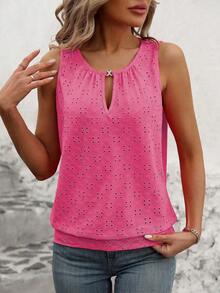Vaclyn Women's Vacation Hollow Design Keyhole Neckline Casual Tank Top - Hot Pink - View 5